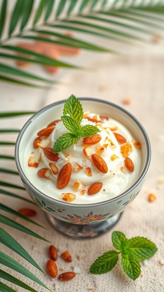 A bowl of nutty coconut dessert garnished with almonds and mint leaves on a tropical background.